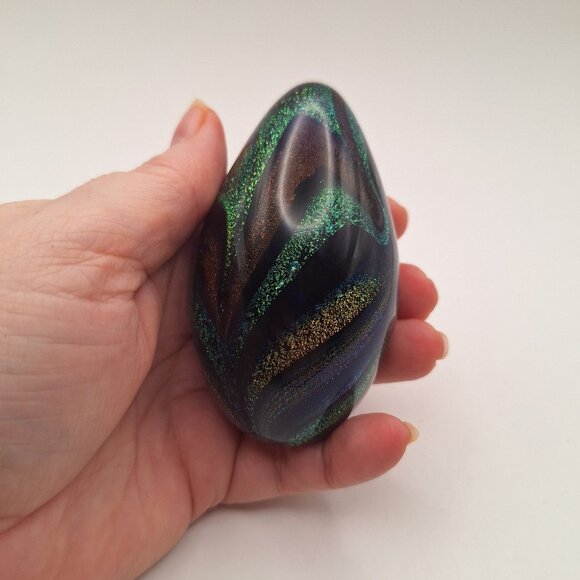 VINTAGE 1996 GLASS EYE STUDIO GLASS EGG PAPERWEIGHT METALLIC SWIRL COLORS GES96 - Picture 3 of 11